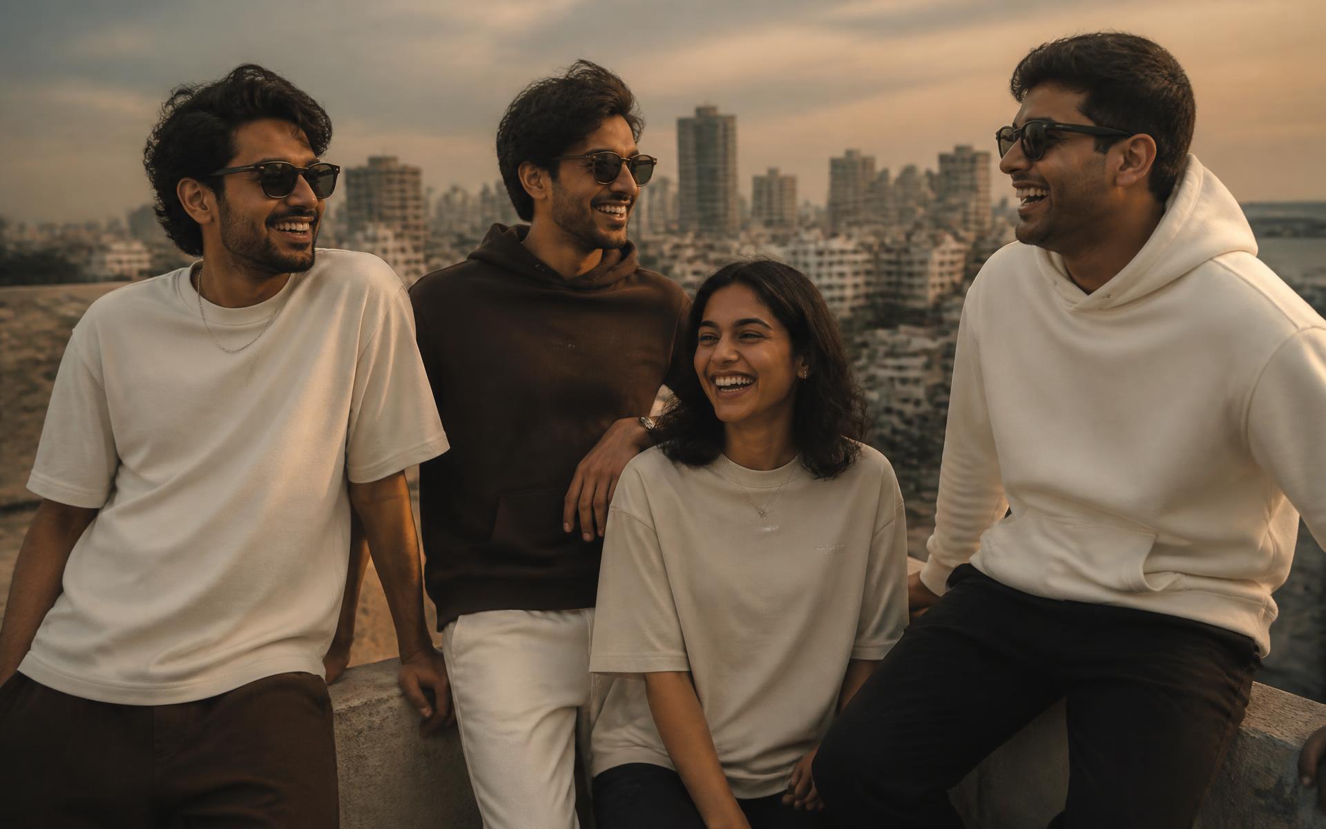 Friends in their late twenties on a city rooftop at dusk wearing The Betweens basics